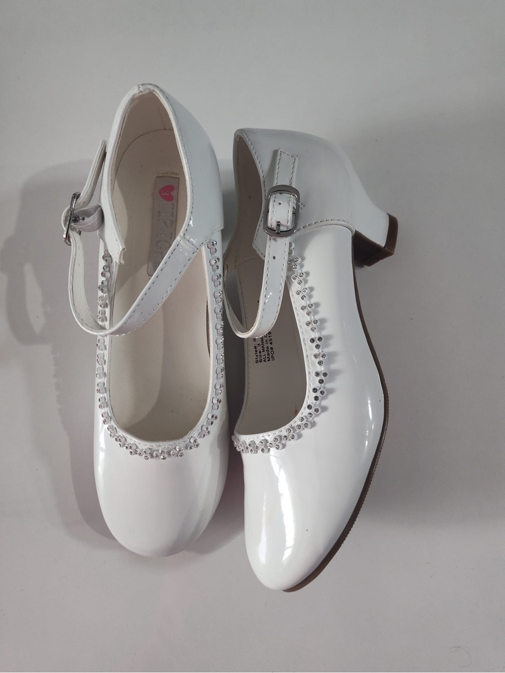 Patent White Mary Jane Dress Shoes with Rhinestone Trim